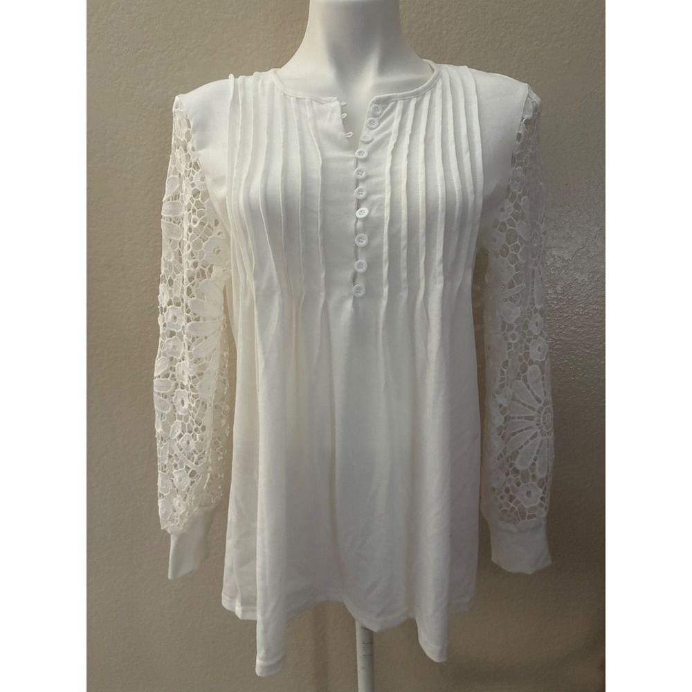 White Lace Long Sleeve Tunic Top Pleated Henley Blouse Large